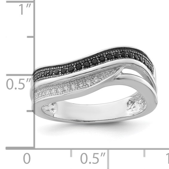 True Fire Sterling Silver Black & White CZ Curved Design Ring