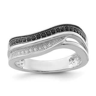 True Fire Sterling Silver Black & White CZ Curved Design Ring