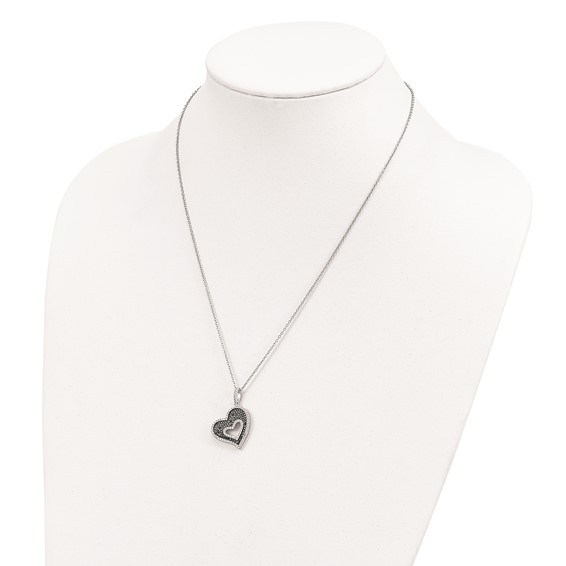Brilliant Embers Sterling Silver Rhodium-plated 170 Stone 18 inch Micro Pavé Black and White CZ Heart Necklace with 2 Inch Extender