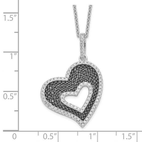 Brilliant Embers Sterling Silver Rhodium-plated 170 Stone 18 inch Micro Pavé Black and White CZ Heart Necklace with 2 Inch Extender