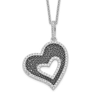 Brilliant Embers Sterling Silver Rhodium-plated 170 Stone 18 inch Micro Pavé Black and White CZ Heart Necklace with 2 Inch Extender