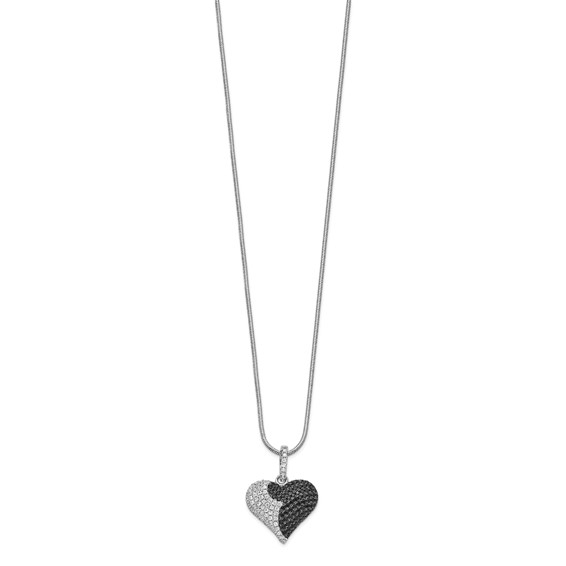Brilliant Embers Sterling Silver Rhodium-plated 150 Stone 18 inch Micro Pavé Black and White CZ Heart Necklace with 2 Inch Extender