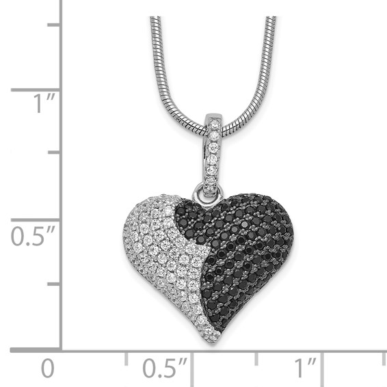 Brilliant Embers Sterling Silver Rhodium-plated 150 Stone 18 inch Micro Pavé Black and White CZ Heart Necklace with 2 Inch Extender