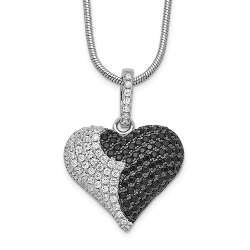 Brilliant Embers Sterling Silver Rhodium-plated 150 Stone Micro Pavé Black and White CZ Heart Necklace with 2 Inch Extender, 18"