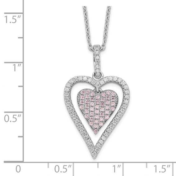 Brilliant Embers Sterling Silver Rhodium-plated 95 Stone 18 inch Micro Pavé White and Pink CZ Heart Necklace with 2 Inch Extender