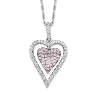 Brilliant Embers Sterling Silver Rhodium-plated 95 Stone 18 inch Micro Pavé White and Pink CZ Heart Necklace with 2 Inch Extender