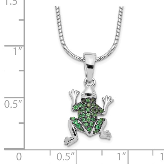 Brilliant Embers Sterling Silver Rhodium-plated 34 Stone 18 inch Micro Pavé Green CZ Frog Necklace with 2 Inch Extender