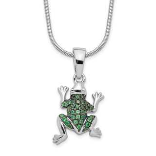Brilliant Embers Sterling Silver Rhodium-plated 34 Stone 18 inch Micro Pavé Green CZ Frog Necklace with 2 Inch Extender