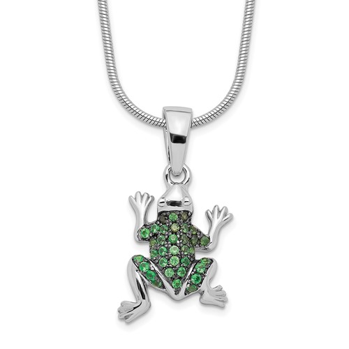 Brilliant Embers Sterling Silver Rhodium-plated 34 Stone Micro Pavé Green CZ Frog Necklace with 2 Inch Extender, 18"