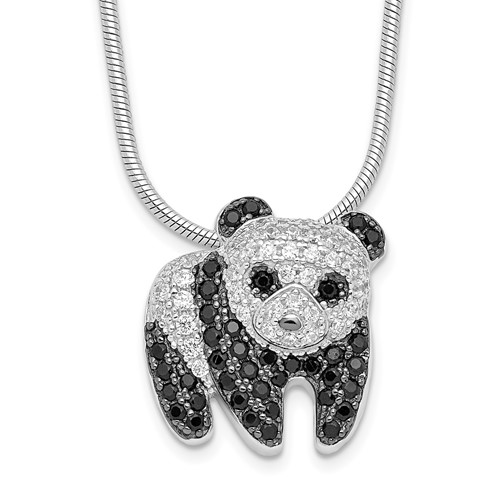 Brilliant Embers Sterling Silver Rhodium-plated 84 Stone Micro Pavé Black and White CZ Panda Necklace with 2 Inch Extender, 18"