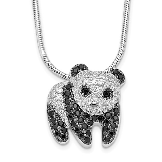 Brilliant Embers Sterling Silver Rhodium-plated 84 Stone 18 inch Micro Pavé Black and White CZ Panda Necklace with 2 Inch Extender