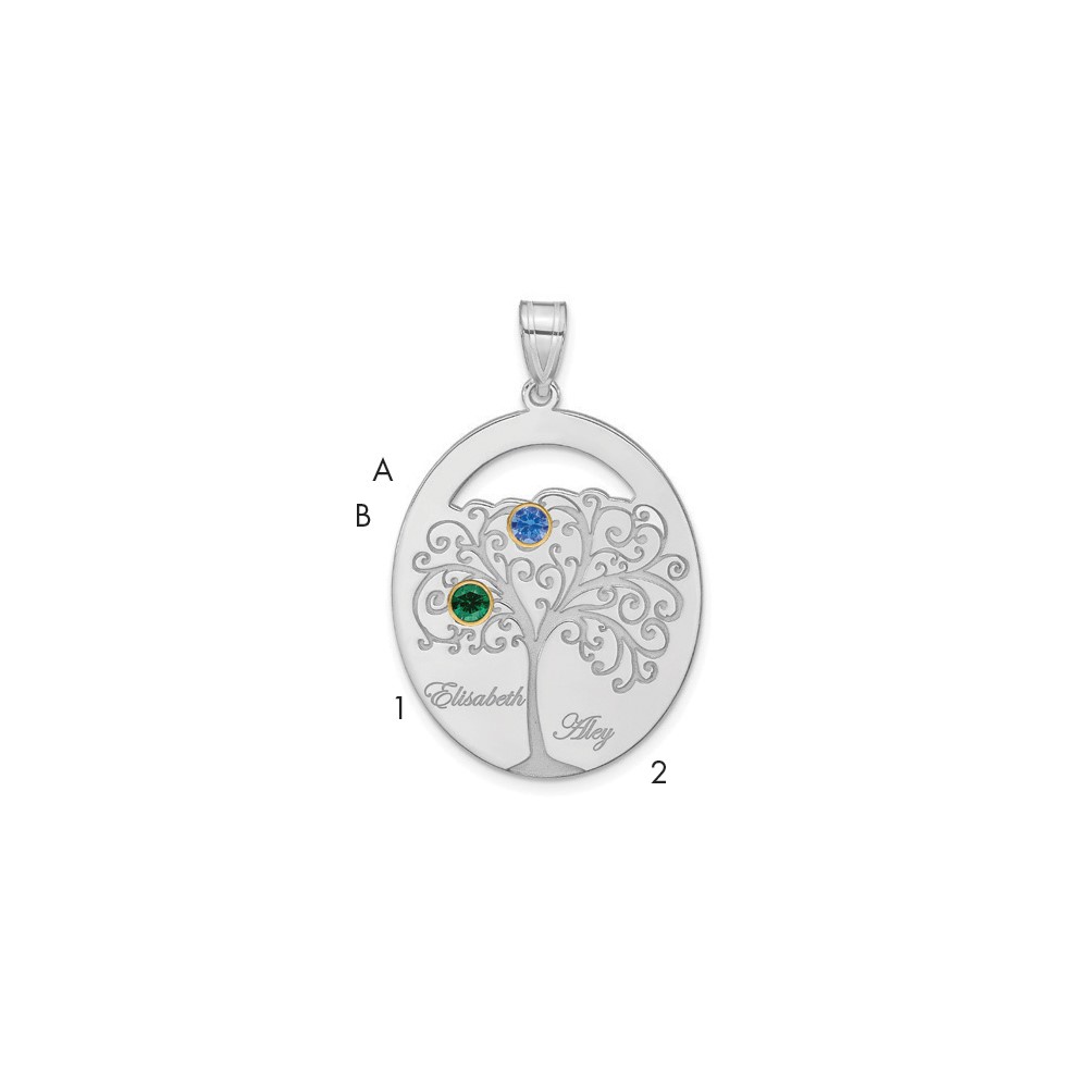 Sterling Silver Rhod-plated 2 Birthstone Pendant with 14K Bezel Family