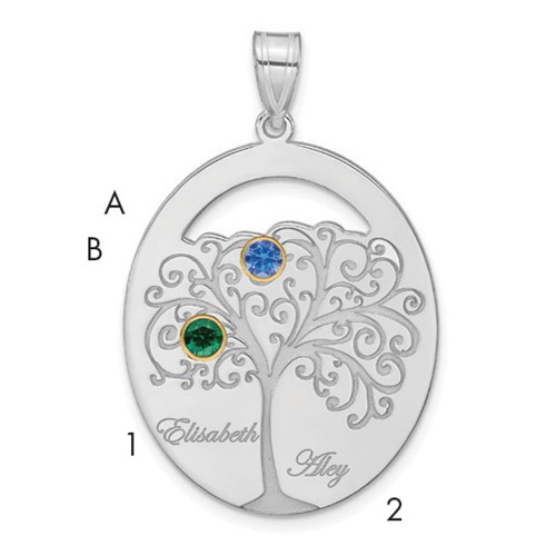 Sterling Silver Rhod-plated 2 Birthstone Pendant with 14K Bezel Family