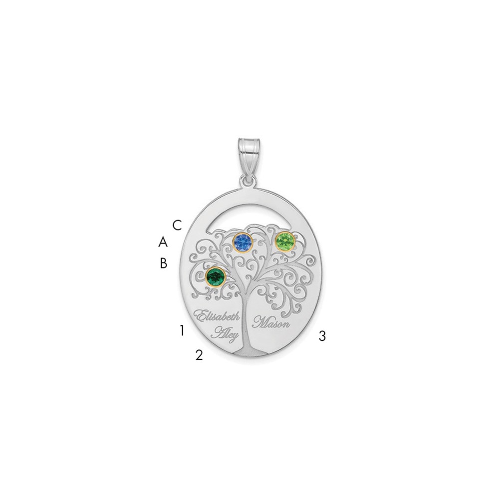 Sterling Silver Rhod-plated 3 Birthstone Pendant with 14K Bezel Family