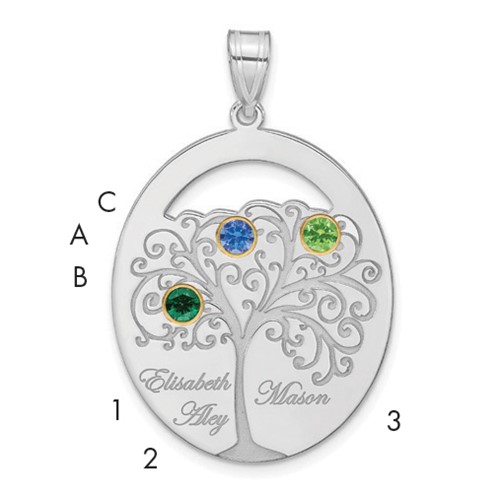Sterling Silver Rhod-plated 3 Birthstone Pendant with 14K Bezel Family