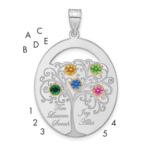 Sterling Silver Rhod-plated 5 Birthstone Pendant with 14K Bezel Family