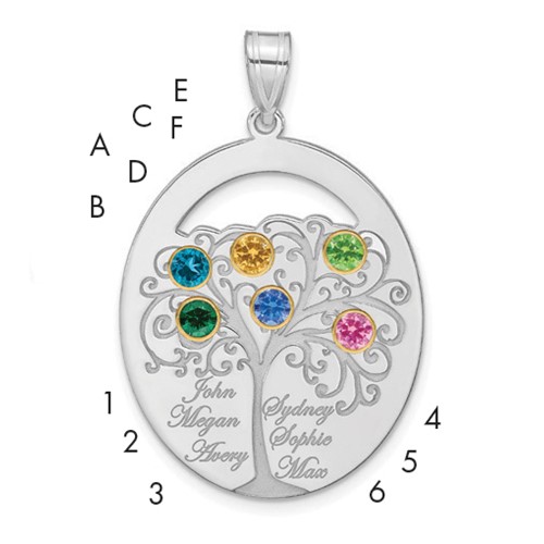 Sterling Silver Rhod-plated 6 Birthstone Pendant with 14K Bezel Family