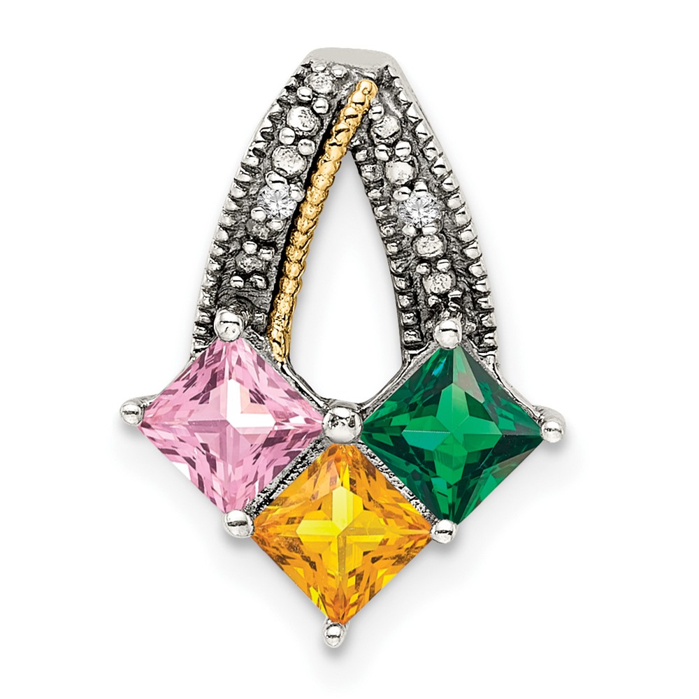 Sterling Silver Antiqued w/14k 3-stone w/Diamond Mothers Pendant Semi-Mount (QMPD12/3)