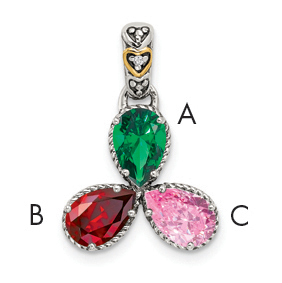 Sterling Silver Antiqued w/14k 3-stone w/Diamond Mothers Pendant Semi-Mount (QMPD20/3)