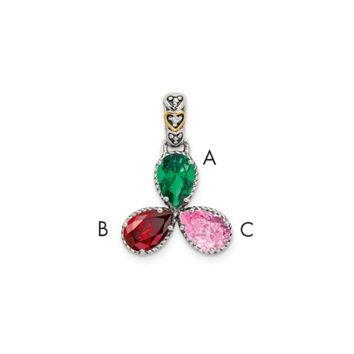 Sterling Silver Antiqued Pendant with 14K 3-stone with Diamond Mother's