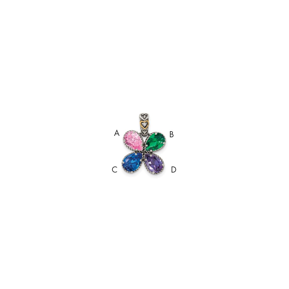 Sterling Silver Antiqued Pendant with 14K 4-stone with Diamond Mother's