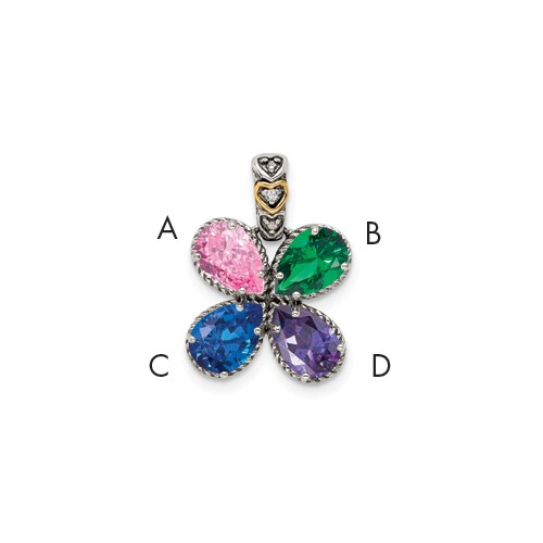 Sterling Silver Antiqued Pendant with 14K 4-stone with Diamond Mother's