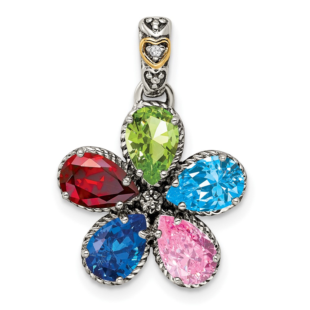 Sterling Silver Antiqued w/14k 5-stone w/Diamond Mothers Pendant Semi-Mount (QMPD20/5)