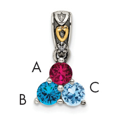 Sterling Silver Antiqued w/14k 3-stone w/Diamond Mothers Pendant Semi-Mount (QMPD23/3)