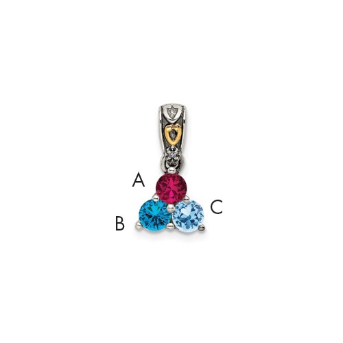 Sterling Silver Antiqued Pendant with 14K 3-stone with Diamond Mother's