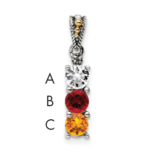 Sterling Silver Antiqued w/14k 3-stone w/Diamond Mothers Pendant Semi-Mount (QMPD24/3)