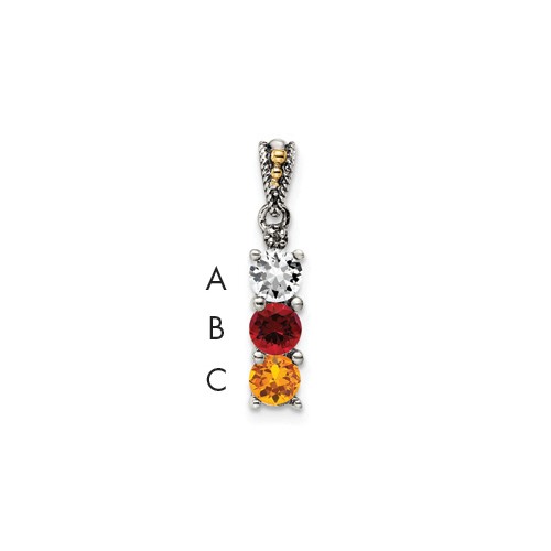 Sterling Silver Antiqued Pendant with 14K 3-stone with Diamond Mother's