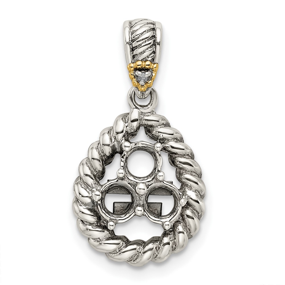 Sterling Silver Antiqued w/14k 3-stone w/Diamond Mothers Pendant Semi-Mount (QMPD25/3)