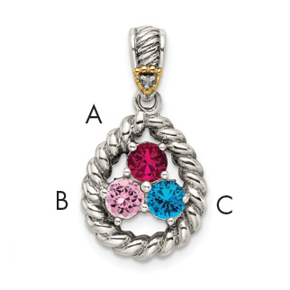 Sterling Silver Antiqued w/14k 3-stone w/Diamond Mothers Pendant Semi-Mount (QMPD25/3)