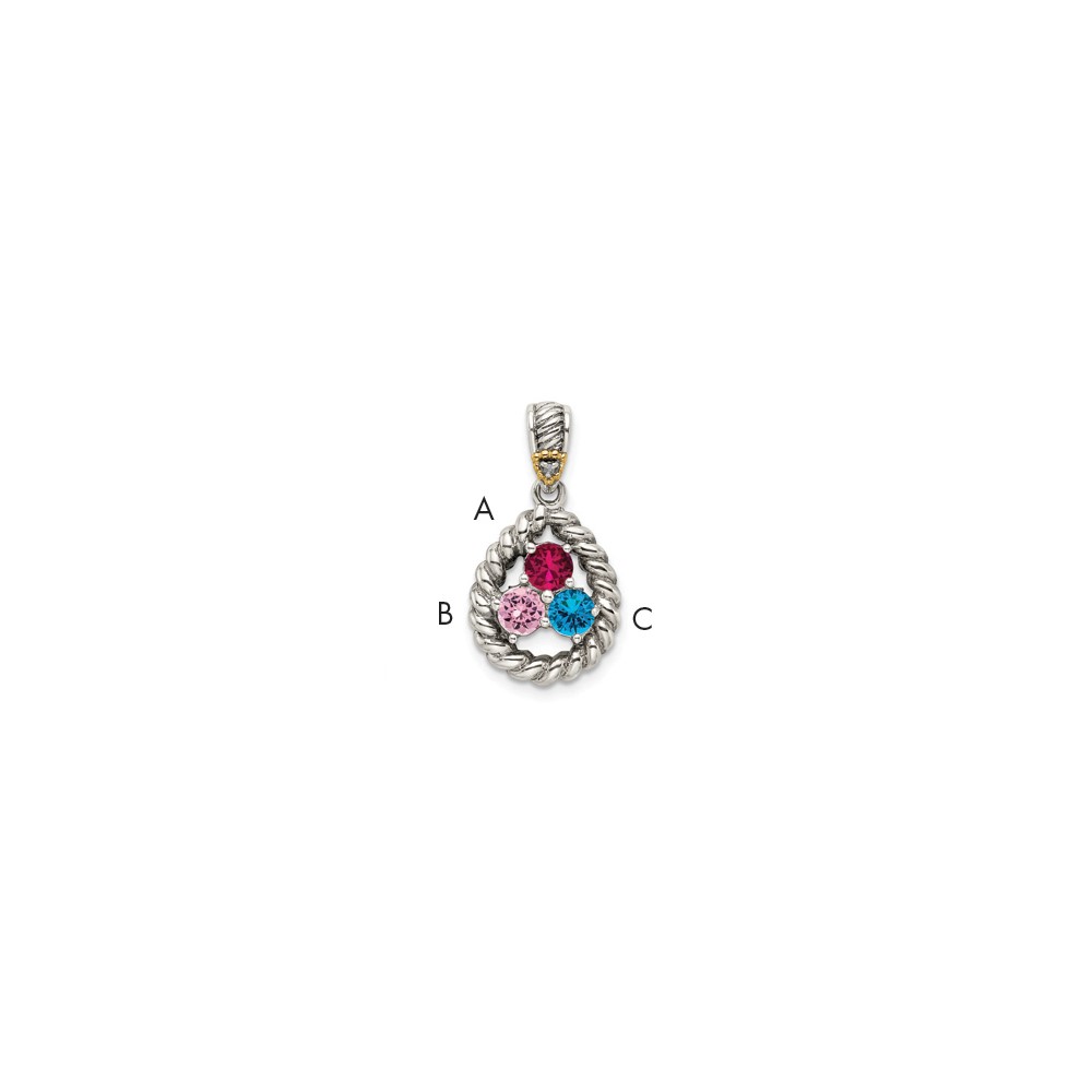 Sterling Silver Antiqued Pendant with 14K 3-stone with Diamond Mother's