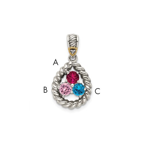 Sterling Silver Antiqued Pendant with 14K 3-stone with Diamond Mother's