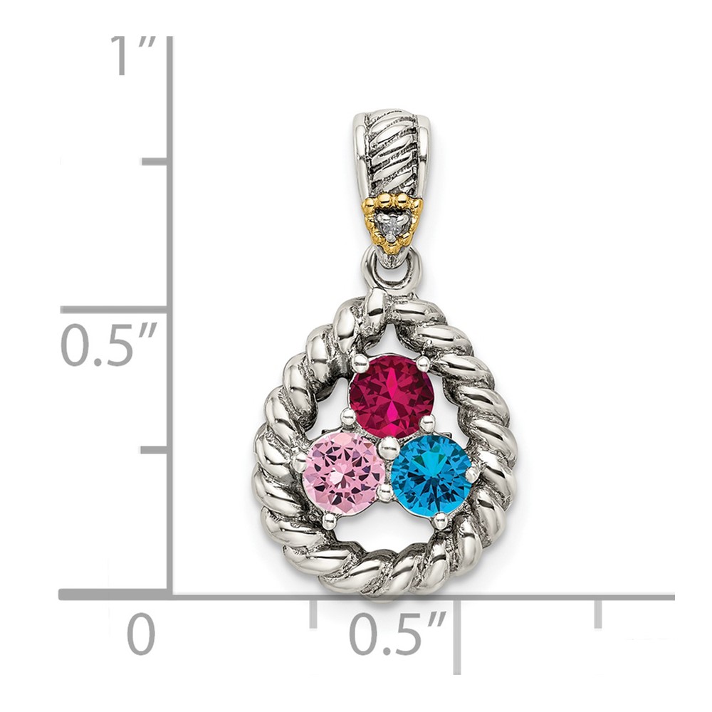 Sterling Silver Antiqued w/14k 3-stone w/Diamond Mothers Pendant Semi-Mount (QMPD25/3)