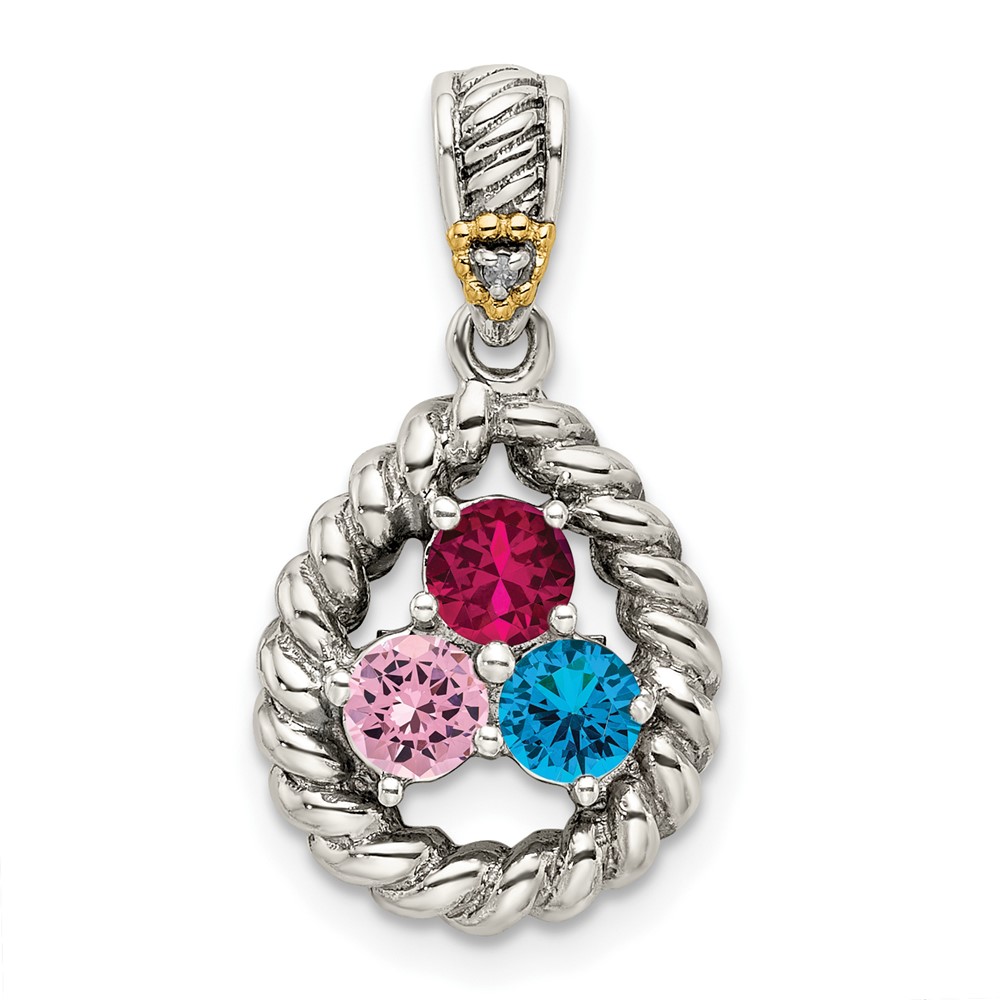 Sterling Silver Antiqued w/14k 3-stone w/Diamond Mothers Pendant Semi-Mount (QMPD25/3)