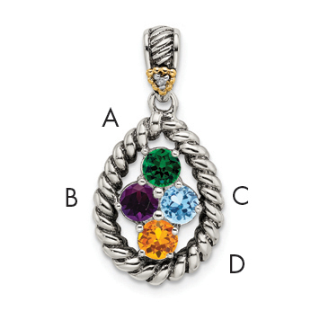 Sterling Silver Antiqued w/14k 4-stone w/Diamond Mothers Pendant Semi-Mount (QMPD25/4)