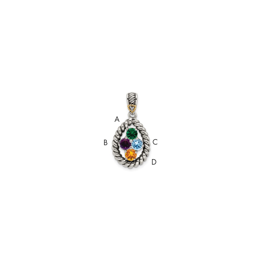 Sterling Silver Antiqued Pendant with 14K 4-stone with Diamond Mother's
