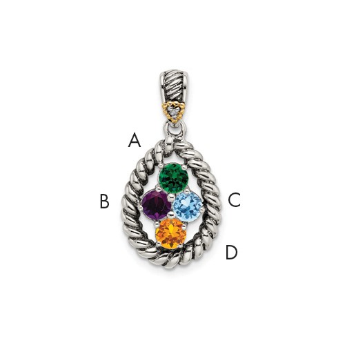 Sterling Silver Antiqued Pendant with 14K 4-stone with Diamond Mother's