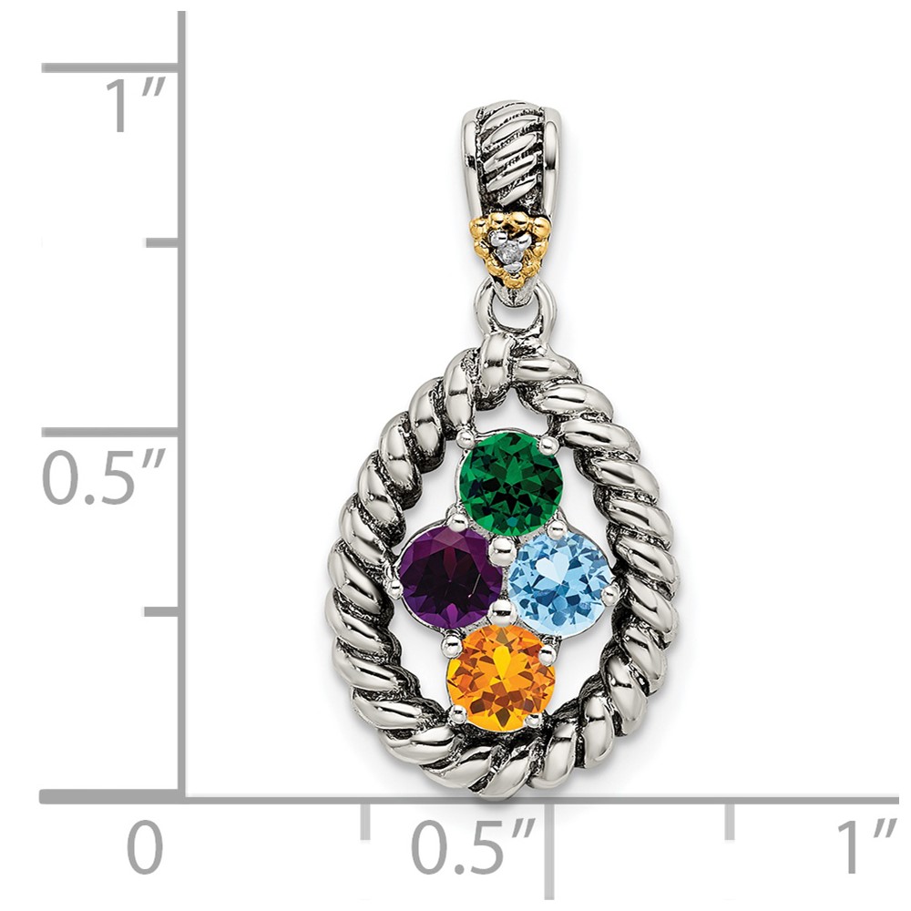 Sterling Silver Antiqued w/14k 4-stone w/Diamond Mothers Pendant Semi-Mount (QMPD25/4)