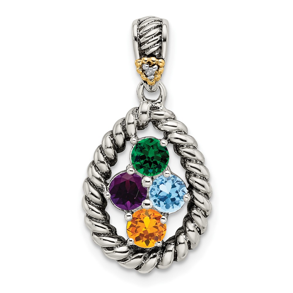 Sterling Silver Antiqued w/14k 4-stone w/Diamond Mothers Pendant Semi-Mount (QMPD25/4)
