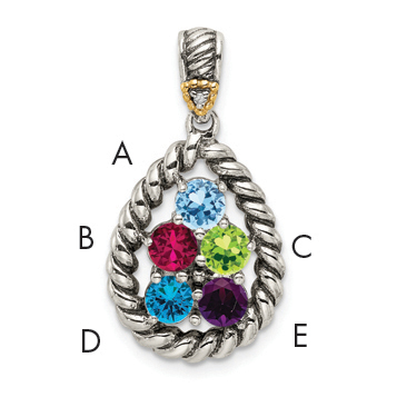 Sterling Silver Antiqued w/14k 5-stone w/Diamond Mothers Pendant Semi-Mount (QMPD25/5)