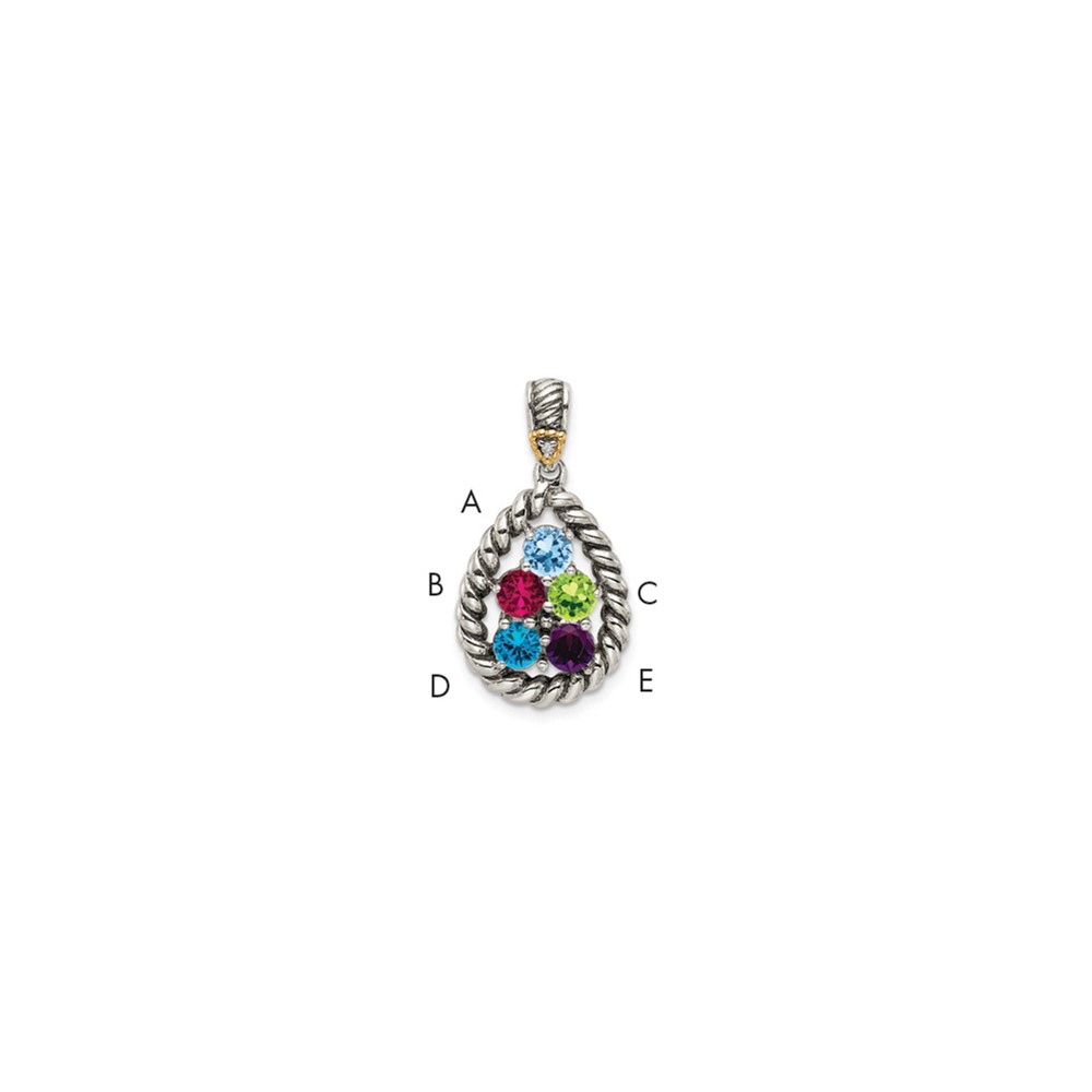 Sterling Silver Antiqued Pendant with 14K 5-stone with Diamond Mother's