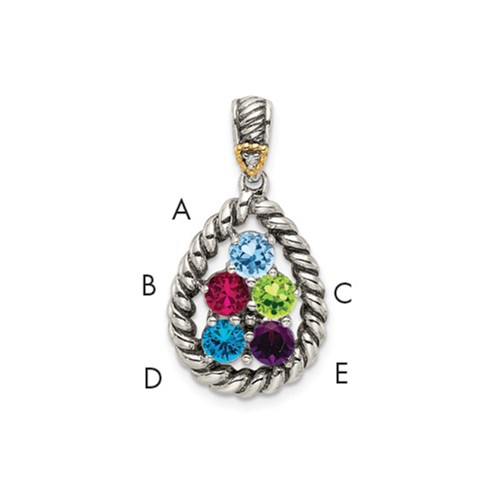 Sterling Silver Antiqued Pendant with 14K 5-stone with Diamond Mother's