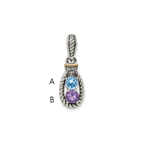 Sterling Silver Antiqued Pendant with 14K 2-stone with Diamond Mother's
