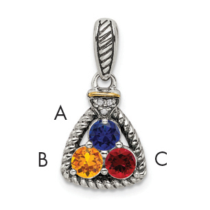 Sterling Silver Antiqued w/14k 3-stone w/Diamond Mothers Pendant Semi-Mount (QMPD26/3)