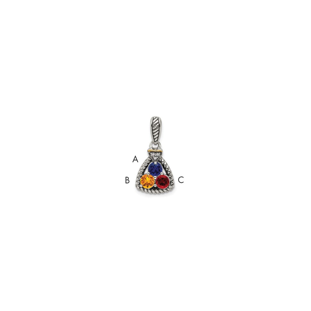 Sterling Silver Antiqued w/14k 3-stone w/Diamond Mothers Pendant Semi-Mount (QMPD26/3)