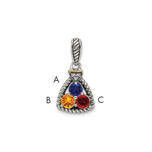 Sterling Silver Antiqued Pendant with 14K 3-stone with Diamond Mother's