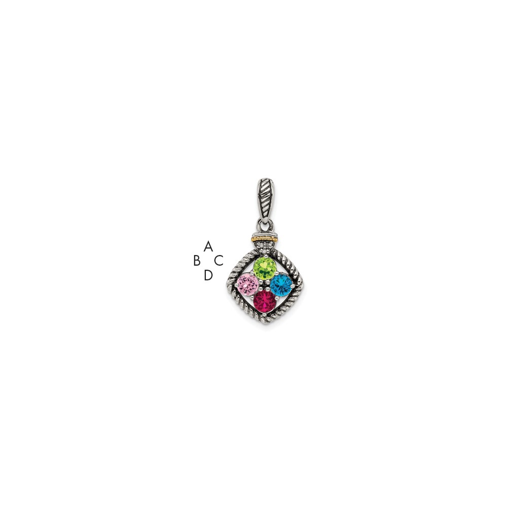 Sterling Silver Antiqued Pendant with 14K 4-stone with Diamond Mother's